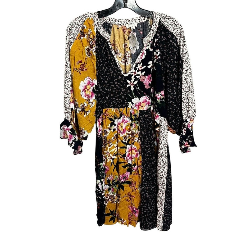 Umgee Women's M Flowy Patchwork Mini Dress Blue Yellow Half Sleeve Boho